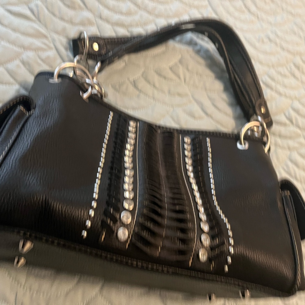 Black and Silver Shoulder Bag with Decorative Stitching Conceal Carry